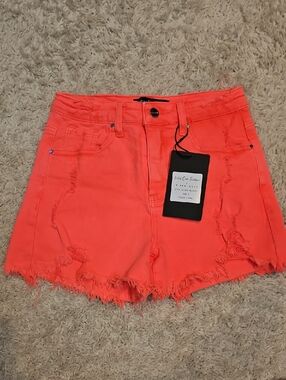 001p High-Rise Distressed Women's Shorts - Neon Coral